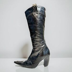 [36] Davos Gomma Black Leather Knee-High Boots Victorian cowgirl Italy